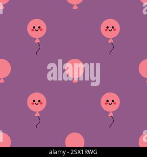 Playful Balloons With Smiling Faces on a Purple Patterned Background Repeating Stock Vector