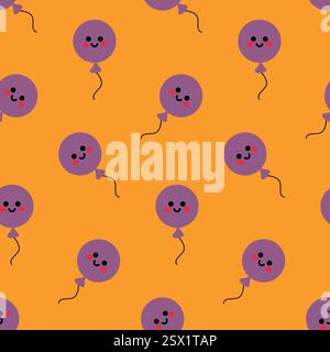 Seamless Pattern of Smiling Purple Balloons on Orange Background Stock Vector