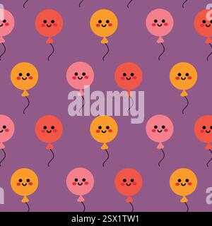 Seamless Pattern of Smiling Balloons on Purple Background Stock Vector