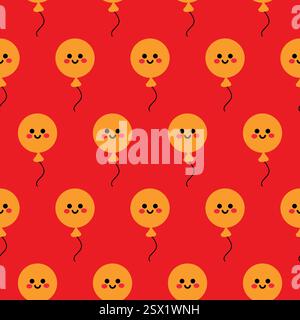 Seamless Pattern of Smiling Balloons With Yellow Faces on Red Background Stock Vector