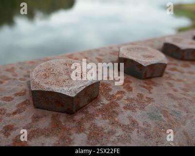 Rusty bolt in steel girder industrial hardware close-up, with lake out of focus in background Stock Photo