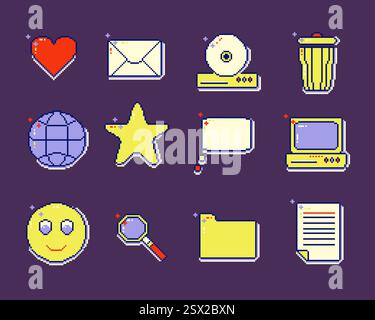 Nostalgic pixel art eight bit operating system and shapes icon set. Y2k retro 90s vaporwave style. Stock Vector