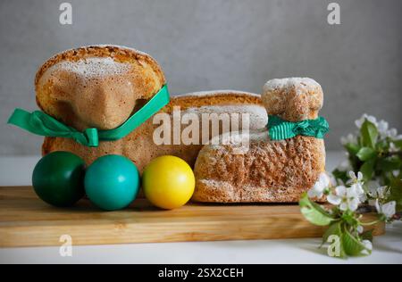 Two Easter lamb cakes with a green ribbon around their necks, three dyed Easter eggs and a sprig of cherry blossoms, gray background, copy space. Stock Photo