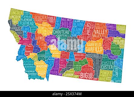Montana shape. State word cloud with county division. Montana colored illustration. County names cloud. Vector illustration. Stock Vector