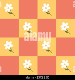 Groovy trendy checkered seamless pattern with cute flowers. Cute colorful retro pattern in 80s. Stock Vector