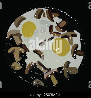 Fried sunny side up eggs with mushrooms on a round frying pan. Vector illustration. Stock Vector