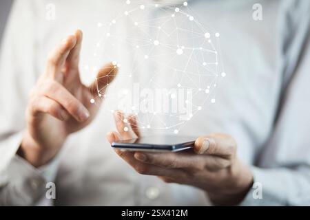 businessman touching virtual screen with cyber icon Stock Photo