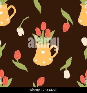 Pixel Art Seamless Pattern Flower Tulips in Vintage Vase on Black Background. Spring Floral Template in retro 8-bit style. Vector illustration Inspire Stock Vector