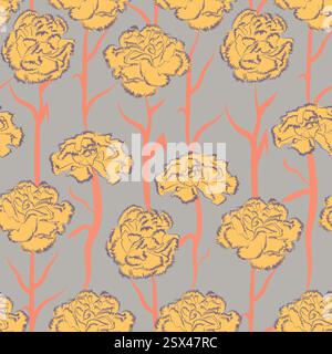 carnation Flowers hand drawn vector stylized floral art yellow seamless pattern Flowers. Colorful, design for wallpaper floral textiles, grey Stock Vector