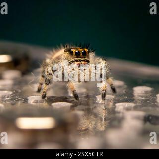 A macro of Phidippus regius, the regal jumping spider, showcasing its furry body and large, reflective eyes in stunning detail. Stock Photo