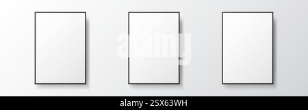 Poster mockup set. Empty photo frames with soft shadow. Painting templates on light wall. White vertical blanks. Realistic painting with black frame. Stock Vector