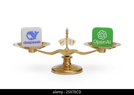 Deepseek and OpenAi logos on a scale isolated on white background. Artificial intelligence concept. 3d illustration. Stock Photo