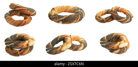 Round pretzel, poppy seed bun on white background Stock Photo