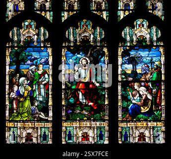 The stained glass window depicts the Nativity scene with Jesus, Mary ...