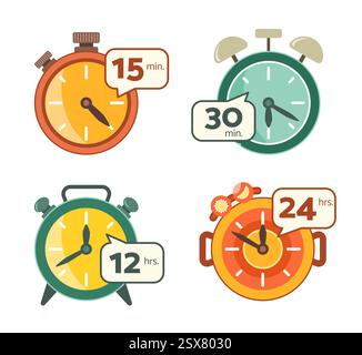 Set of Colorful Clocks with Time Number for Cute Graphic Design Element Concept Clip Art Stock Vector