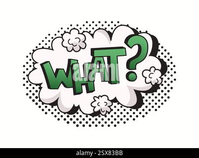 Illustration featuring a comic style speech bubble questioning word. Surrounded by white clouds and decorative black dots, vibrant design. Stock Vector