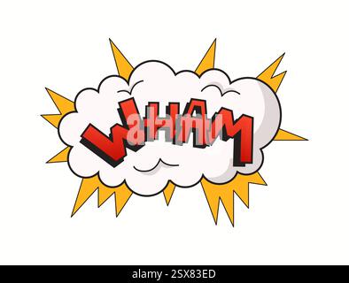 Vibrant comic-style illustration featuring the word Wham in bold red lettering over a cloud with yellow explosion effects, capturing dynamic pop art a Stock Vector