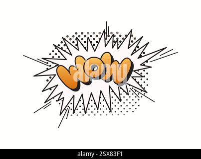 Vibrant comic style art with the word wow in bold orange letters. Surrounding elements include a classic burst pattern with black outlines and dots fo Stock Vector