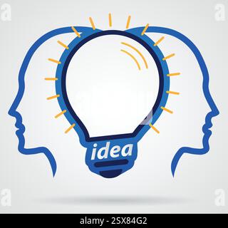 Thinking head lamp illuminating brain, unity of thought, new idea Stock Vector
