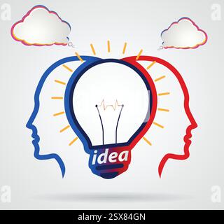 Thinking head with speech clouds, unity of thought, a new idea,partnership Stock Vector