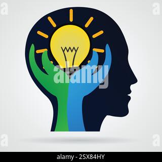 Thinking head. Palm with rays of light from the lamp, business concept, new idea Stock Vector