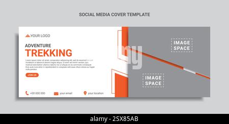 trekking social media cover design or web banner with orange color shape Stock Vector