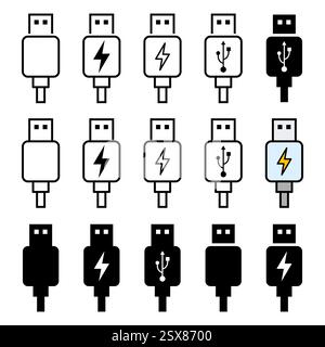 Set of USB plug cable icon technology, connect device sign, electronic portable symbol ,vector illustration media . Stock Vector