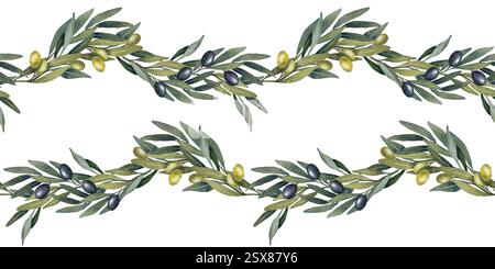 Watercolor seamless border with black olive, branch and leaves. Hand ...