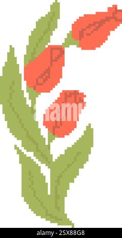 Pixel Art Spring Red Tulips Bouquet in retro 8-bit style. Vector illustration. Y2k trendy pixelated stickers. Inspired by retro video game aesthetics. Stock Vector