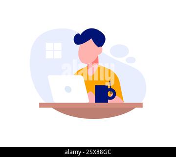 Man working on laptop at home. Freelance, remote work concept. Vector illustration in flat style Stock Vector