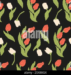 Pixel Art Seamless Pattern with flower Tulips on Black Background. Spring Floral Template in retro 8-bit style. Vector illustration Inspired by video Stock Vector