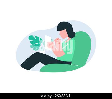 Woman sitting on the couch and reading book. Flat vector illustration Stock Vector