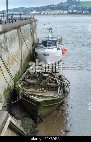 Appledore North Devon - The hull of a rotting boat sits on the mud at low tide. This vessel has slowing decayed over many years and is now one of hund Stock Photo