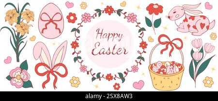 Easter coquette design elements set. Eggs, chicken, butterfly, rabbit, tulips, flowers, willow, branches, basket, tulips, narcissus. Vector Stock Vector