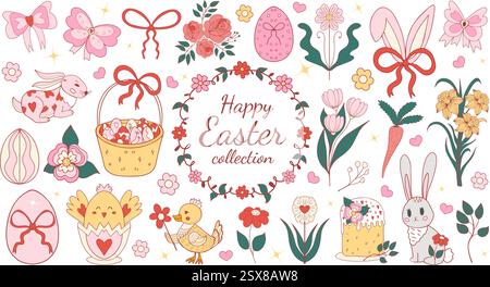 Easter coquette design elements set. Eggs, chicken, butterfly, rabbit, tulips, flowers, willow, branches, basket, tulips, narcissus. Vector Stock Vector