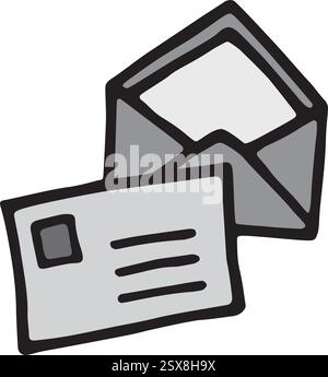 Doodle Open envelope with letter icon hand drawn with black line and colored Stock Vector