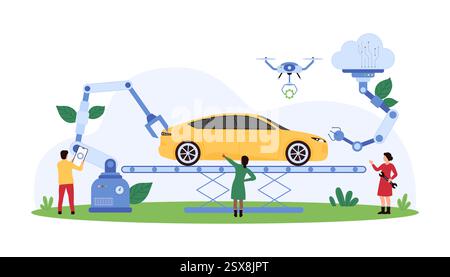 Tiny people assembling a vehicle with robotic arms and drones, illustrating innovation, technology, and teamwork in automotive manufacturing vector illustration. Stock Vector