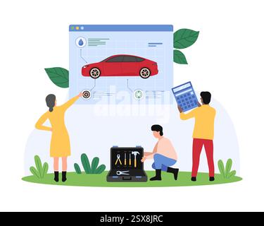 Tiny people performing tire maintenance using oversized tools and equipment in an outdoor setting, showcasing teamwork and technical skills. Automotive service vector illustration. Stock Vector