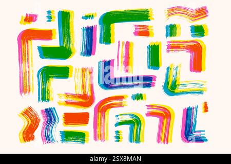 Risograph brush stroke paint lines. Vector hand drawn paint shapes risoprint. Abstract freehand graphic. Scribble expressive paintbrush retrofuturism Stock Vector