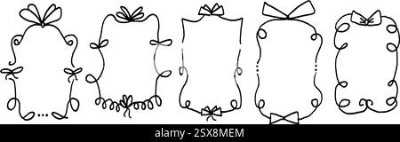 Doodle coquette frames with bows. Vintage scribble line wavy border with ribbons set. Vector cute curly rectangle and oval template for holiday menu. Stock Vector