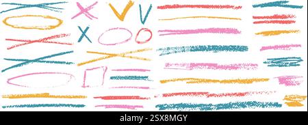 Doodle emphasis set. Crayon underline, cross, oval signs. Pencil scribble lines pack. Vector hand drawn brush stroke collection illustration on white Stock Vector