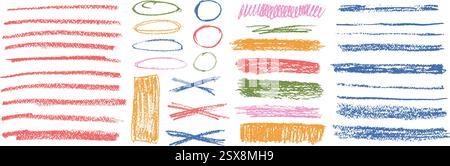 Chalk collage emphasis elements. Crayon underline, oval, rectangle set. Pencil scribble cross, circles pack. Vector hand drawn brush stroke collection Stock Vector