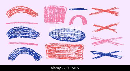 Chalk collage emphasis elements. Crayon underline, oval, rectangle set. Pencil scribble cross, circles pack. Vector hand drawn brush stroke collection Stock Vector