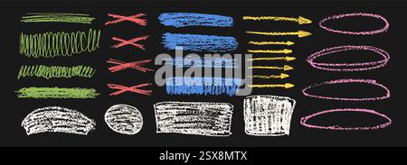 Crayon underline emphasis set. Pencil scribble lines, arrow and ellipse pack. Vector hand drawn brush stroke collection illustration on dark backgroun Stock Vector
