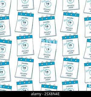 2026 January 19 Sad emoticon, date and lettering Calendar pages Seamless Pattern Blue Monday fond. Isolated Vector illustration Thematic cards Wallpaper, background or web promo banner, leaflet, post Stock Vector