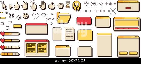 Pixel art retro windows interface. 8 bit popup and browser windows with pointers cursors, arrow and hands in retro 90s style. Digital screen message e Stock Vector