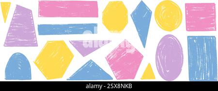 Kids crayon geometric shapes set. Text boxes pastel chalk textured frames. Rounded and square childish figures. Vector hand drawn quotation stickers s Stock Vector