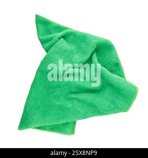 Green crumpled microfiber cleaning cloth isolated on white background, closeup household rag Stock Photo