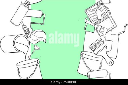 Graphic line ink seamless vertical border frame with painting tools Painter equipment pattern. Vector brush, color can, roller, paint tray, apron. Tex Stock Vector