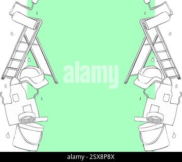 Black and white graphic line ink seamless vertical border frame with set of painting, drawing equipment step ladder, roller, can color, apron, helmet. Stock Vector